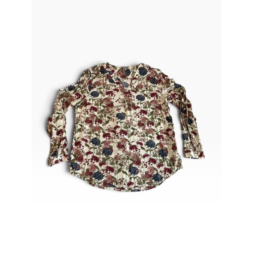 Brina & Em Floral V-Neck Blouse Womens Large Cream Burgundy Z2U259SF